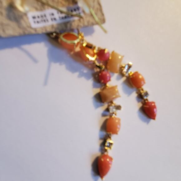 Anthropologie gold over Brass Linear pink/rose Stone drop earrings 3" In Length - Picture 4 of 7